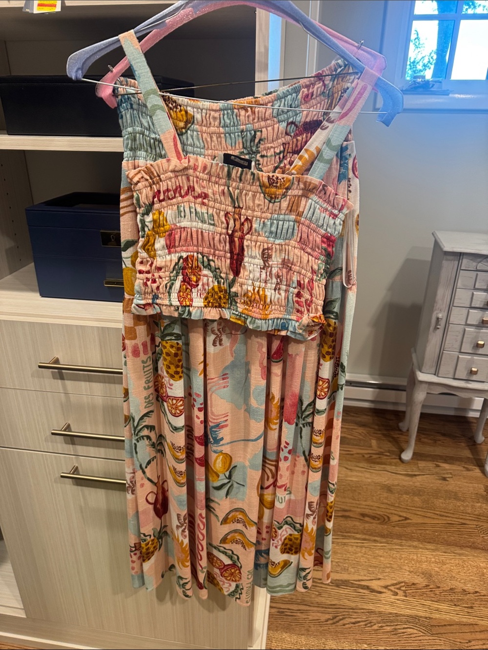 Smocked Tropical Midi Dress in Pink Multi by